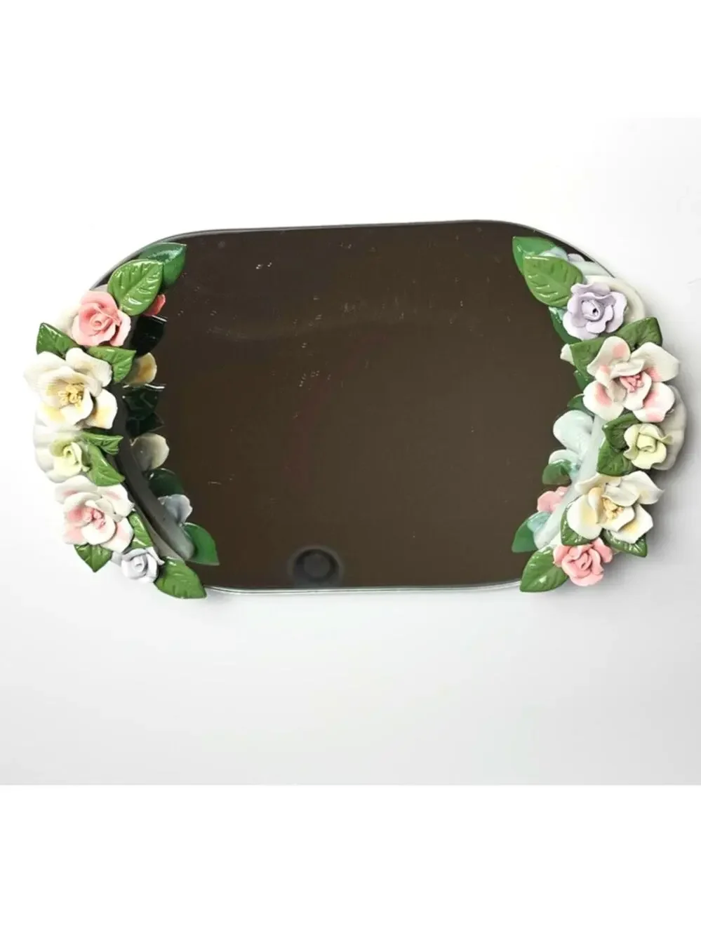 Vintage 80s Capodimonte Porcelain Flowers Mirror Vanity Tray